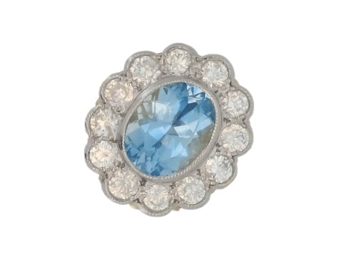 Aquamarine & Diamond Cluster Ring Milgrain Setting 18ct Yellow Gold