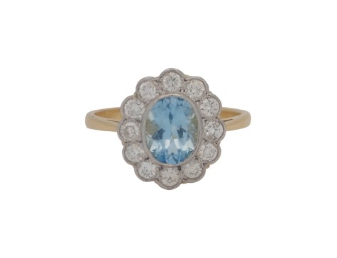 Aquamarine & Diamond Cluster Ring Milgrain Setting 18ct Yellow Gold