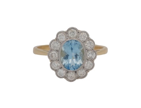 Aquamarine & Diamond Cluster Ring Milgrain Setting 18ct Yellow Gold