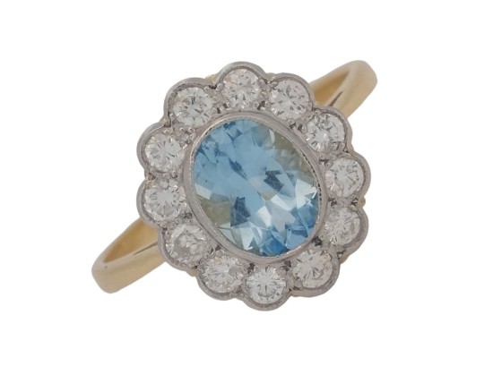 Aquamarine & Diamond Cluster Ring Milgrain Setting 18ct Yellow Gold