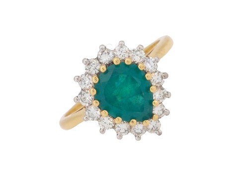 Pear Cut Emerald & Diamond Cluster Ring 18ct Yellow Gold 1.65ct