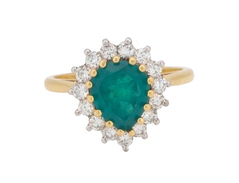 Pear Cut Emerald & Diamond Cluster Ring 18ct Yellow Gold 1.65ct