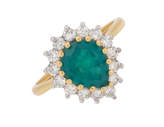 Pear Cut Emerald & Diamond Cluster Ring 18ct Yellow Gold 1.65ct