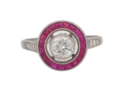 Period Antique Art Deco Diamond & Ruby Target Ring Platinum