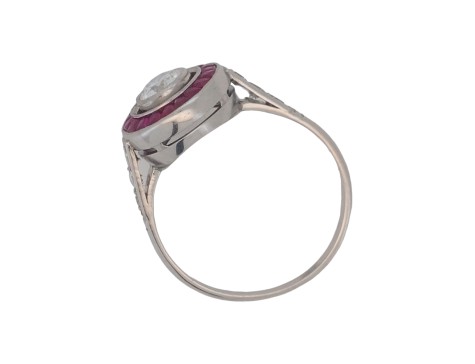 Period Antique Art Deco Diamond & Ruby Target Ring Platinum