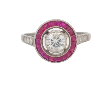 Period Antique Art Deco Diamond & Ruby Target Ring Platinum