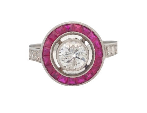 Period Antique Art Deco Diamond & Ruby Target Ring Platinum