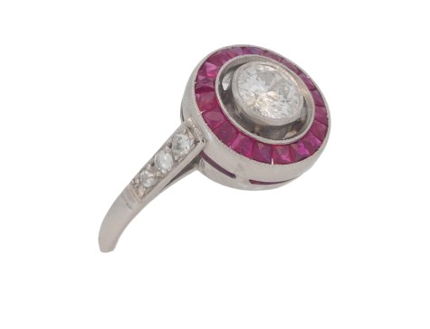 Period Antique Art Deco Diamond & Ruby Target Ring Platinum