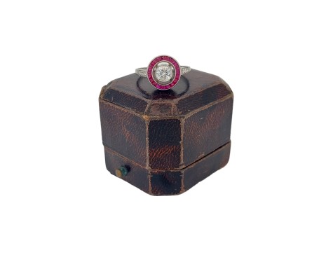 Period Antique Art Deco Diamond & Ruby Target Ring Platinum