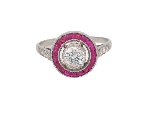 Period Antique Art Deco Diamond & Ruby Target Ring Platinum