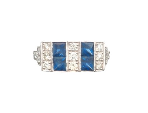 Sapphire & Diamond 18ct White Gold Art Deco Style Dress Ring
