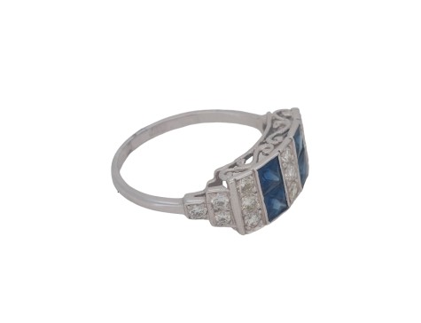 Sapphire & Diamond 18ct White Gold Art Deco Style Dress Ring