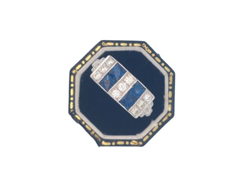 Sapphire & Diamond 18ct White Gold Art Deco Style Dress Ring