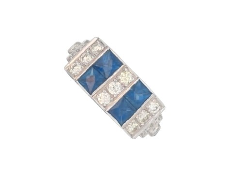 Sapphire & Diamond 18ct White Gold Art Deco Style Dress Ring