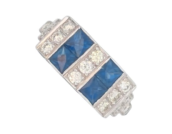 Sapphire & Diamond 18ct White Gold Art Deco Style Dress Ring