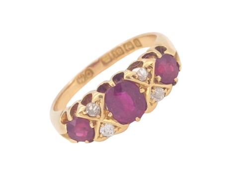 Antique Ruby & Diamond Three Stone Dress Ring Victorian 18ct Gold 1900