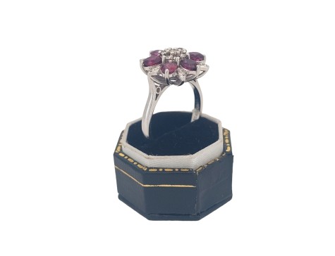 Vintage Ruby & Diamond Floral Cocktail Cluster Ring 18ct White Gold