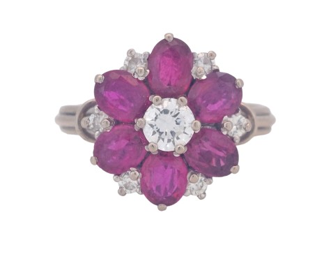 Vintage Ruby & Diamond Floral Cocktail Cluster Ring 18ct White Gold