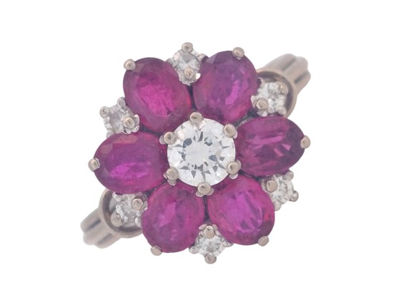 Vintage Ruby & Diamond Floral Cocktail Cluster Ring 18ct White Gold