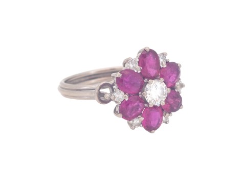 Vintage Ruby & Diamond Floral Cocktail Cluster Ring 18ct White Gold