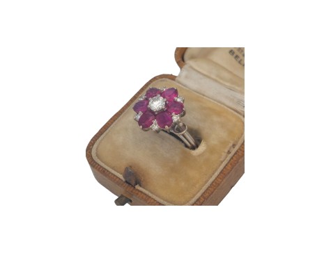 Vintage Ruby & Diamond Floral Cocktail Cluster Ring 18ct White Gold