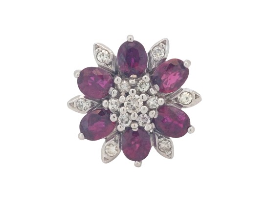 Vintage Ruby & Diamond Floral Cocktail Cluster Ring 18ct White Gold