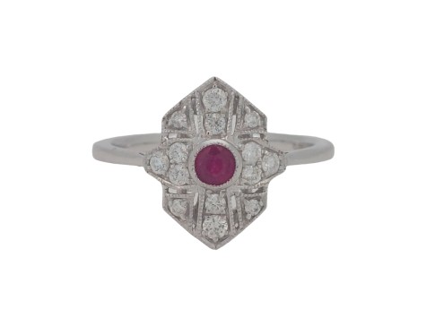 Art Deco Style Ruby & Diamond Dress Ring 18ct White Gold