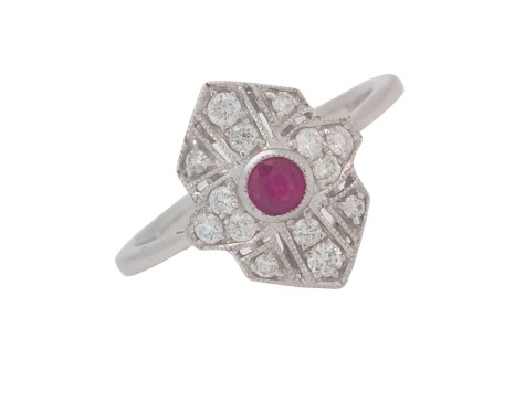 Art Deco Style Ruby & Diamond Dress Ring 18ct White Gold