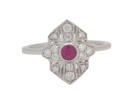 Art Deco Style Ruby & Diamond Dress Ring 18ct White Gold