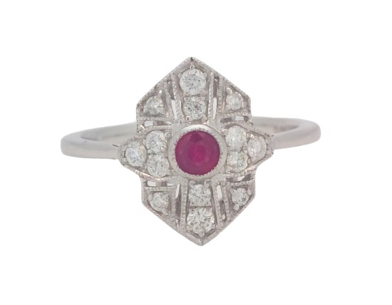 Art Deco Style Ruby & Diamond Dress Ring 18ct White Gold