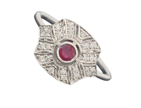 Antique Art Deco Style Ruby & Diamond Dress Ring 18ct White Gold