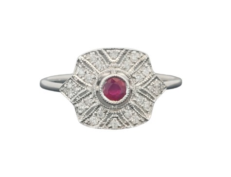 Antique Art Deco Style Ruby & Diamond Dress Ring 18ct White Gold