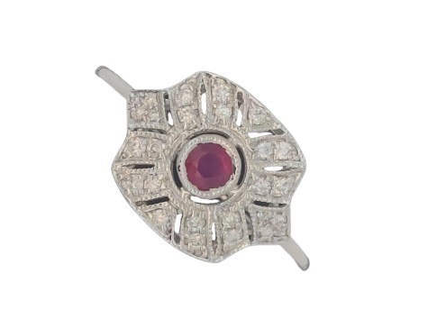 Antique Art Deco Style Ruby & Diamond Dress Ring 18ct White Gold