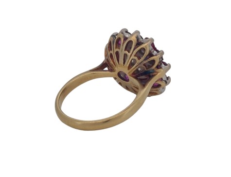 Ruby & Diamond 18ct Yellow Gold Vintage Cocktail Dress Cluster Ring 