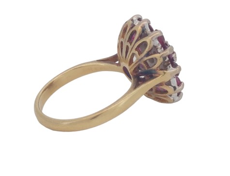 Ruby & Diamond 18ct Yellow Gold Vintage Cocktail Dress Cluster Ring 