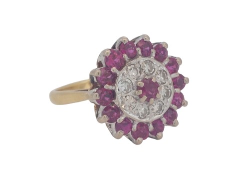 Ruby & Diamond 18ct Yellow Gold Vintage Cocktail Dress Cluster Ring 