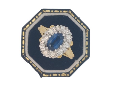 Sapphire & Diamond Vintage Cluster Ring 18ct Yellow Gold  Ornate Split Shank Shoulders 