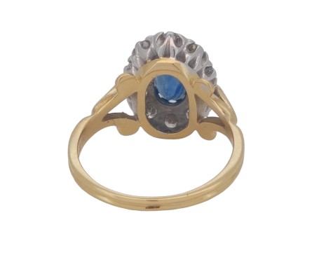 Sapphire & Diamond Vintage Cluster Ring 18ct Yellow Gold  Ornate Split Shank Shoulders 