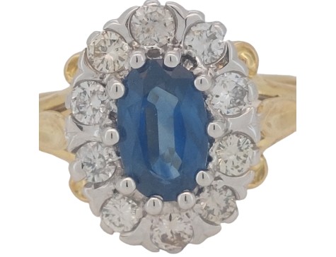 Sapphire & Diamond Vintage Cluster Ring 18ct Yellow Gold  Ornate Split Shank Shoulders 