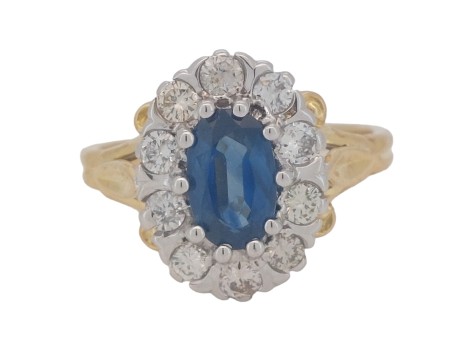 Sapphire & Diamond Vintage Cluster Ring 18ct Yellow Gold  Ornate Split Shank Shoulders 
