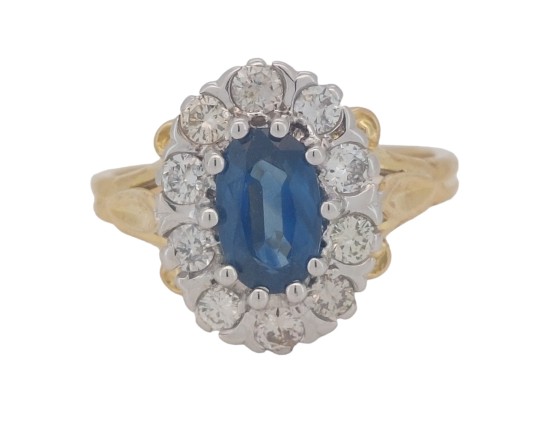 Sapphire & Diamond Vintage Cluster Ring 18ct Yellow Gold  Ornate Split Shank Shoulders 