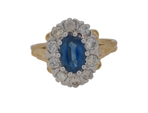 Sapphire & Diamond Vintage Cluster Ring 18ct Yellow Gold  Ornate Split Shank Shoulders 