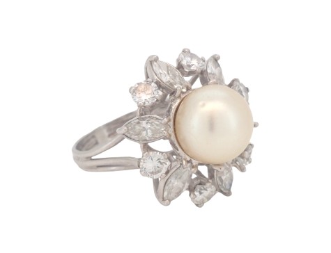 South Sea Pearl & Diamond Ballerina Cluster Cocktail Ring Vintage 1960's 2.00ct 