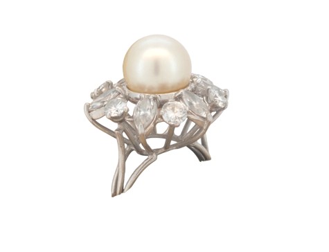 South Sea Pearl & Diamond Ballerina Cluster Cocktail Ring Vintage 1960's 2.00ct 