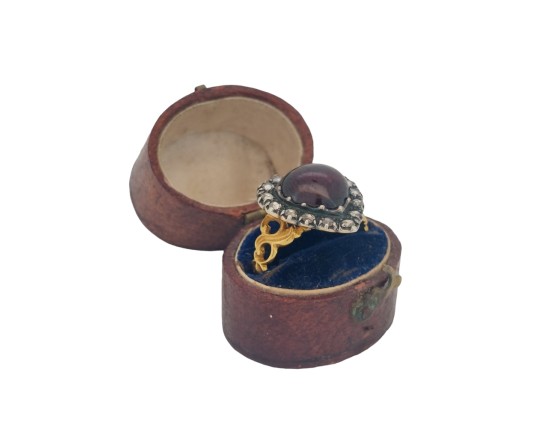 Georgian Syle Garnet & Diamond Heart Dress Ring 18ct Gold 