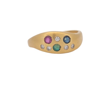 Italian Multi Gem Scatter Dress Ring 18ct Gold Ruby Diamond Sapphire Emerald 