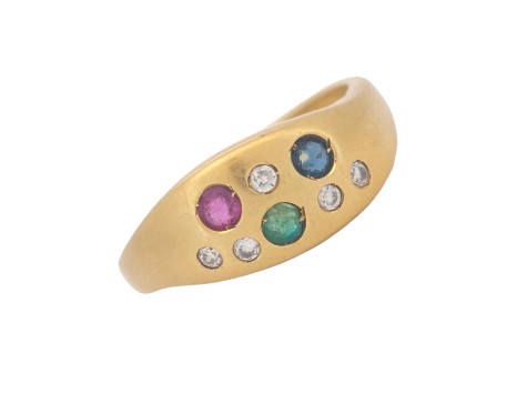 Italian Multi Gem Scatter Dress Ring 18ct Gold Ruby Diamond Sapphire Emerald 