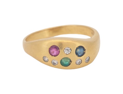 Italian Multi Gem Scatter Dress Ring 18ct Gold Ruby Diamond Sapphire Emerald 
