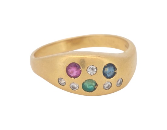 Italian Multi Gem Scatter Dress Ring 18ct Gold Ruby Diamond Sapphire Emerald 