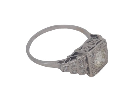 Art Deco Period 1920's Platinum Diamond Solitaire Ring Stepped Shoulders 1.00ct